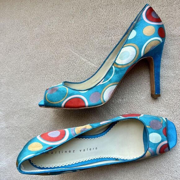 Martinez Valero Turquoise Teal Fabric Peep Toe Pump Multi-Color Dots Women’s 8.5 - Picture 12 of 16